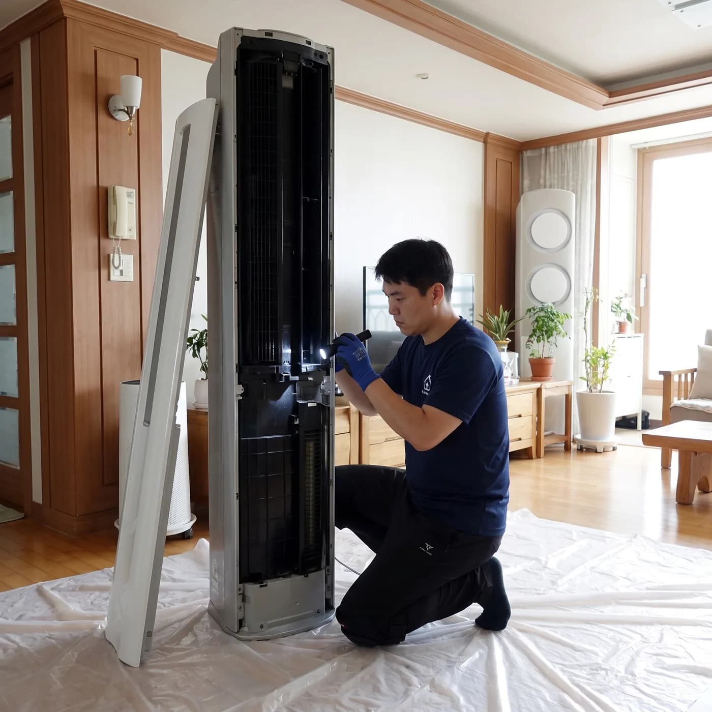 스탠드 에어컨 분해청소 작업 장면